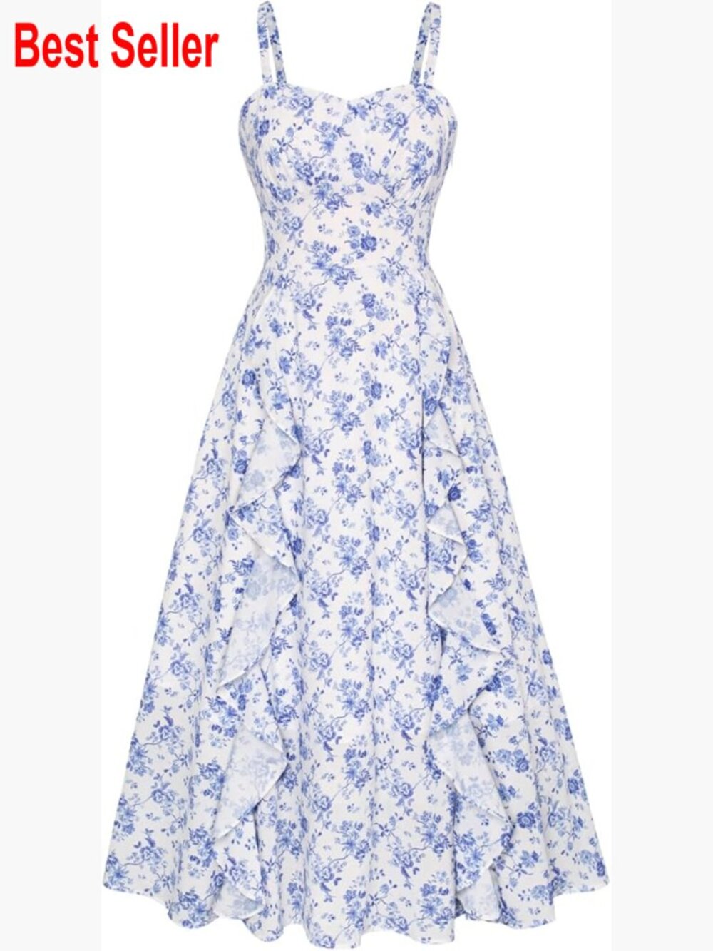 Floral Midi Sun Dress With Ruffle Spaghetti Straps For Wedding Guest